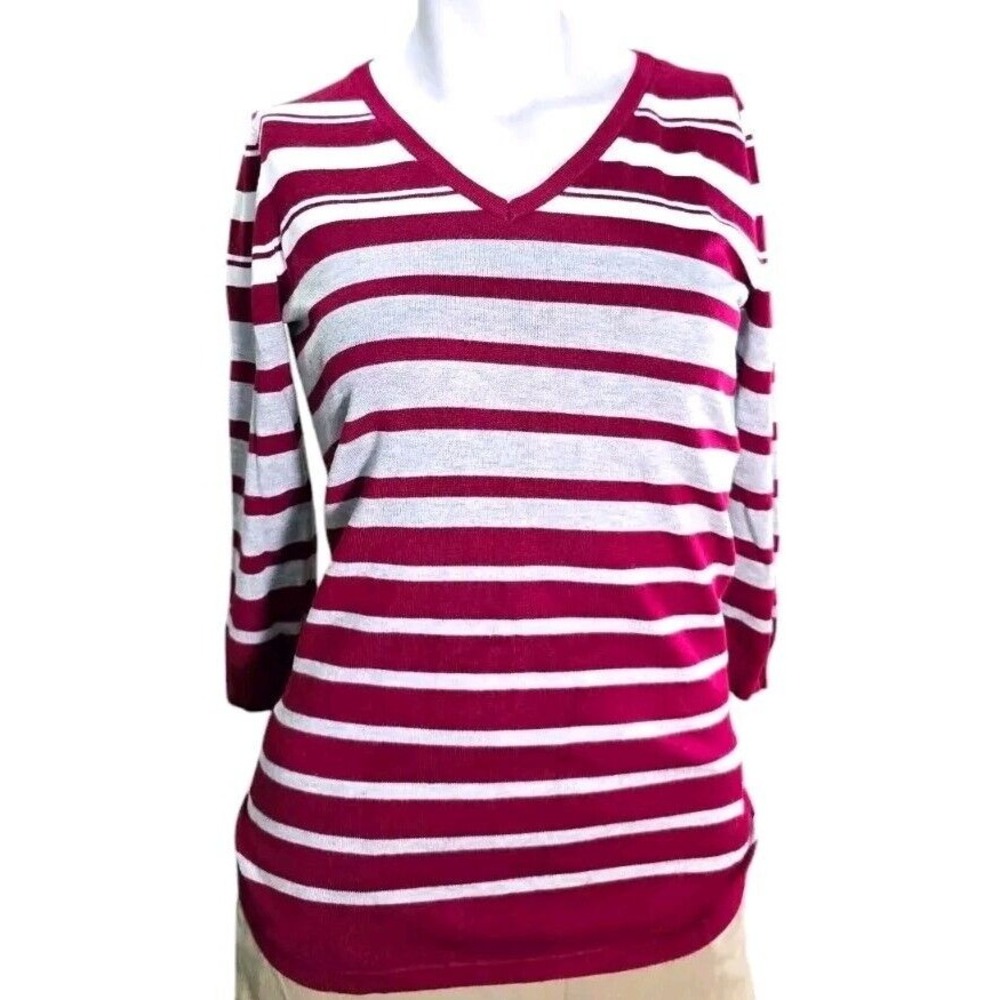 Lety And Me Womens V Neck Sweater Size Small Pullover Casual Striped‎ 3/4 Sleeve
